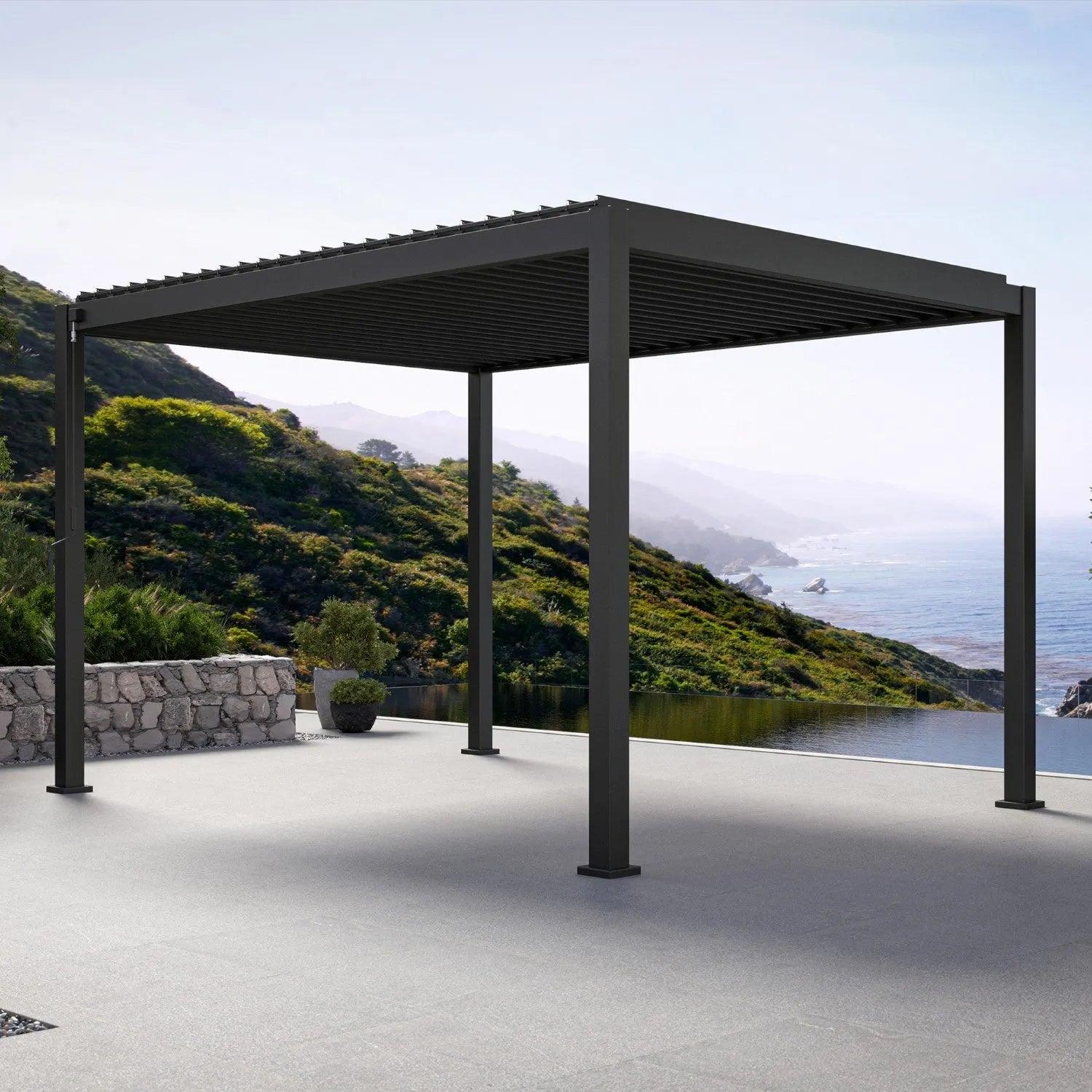 Mirador 111DA double-layer aluminum louvered pergola in charcoal on a coastal terrace, louvers visible edge-on
